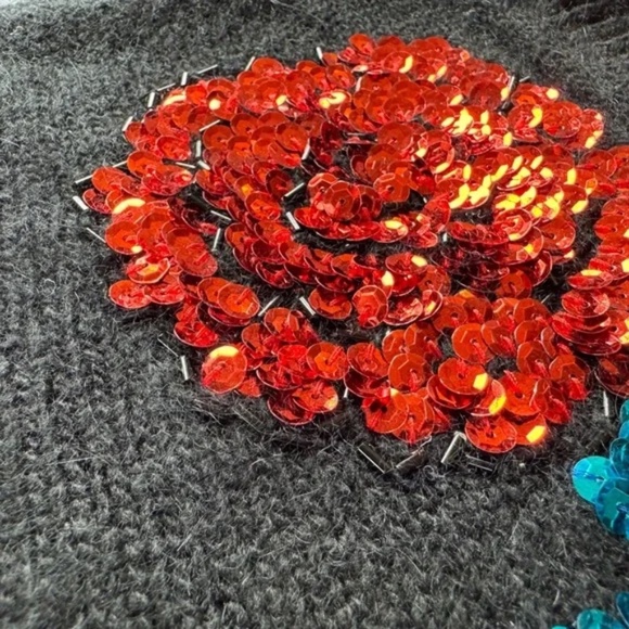 Work In Progress Vintage Sequin Floral Cardigan Black Women's Silk Angora Blend - Picture 8 of 10